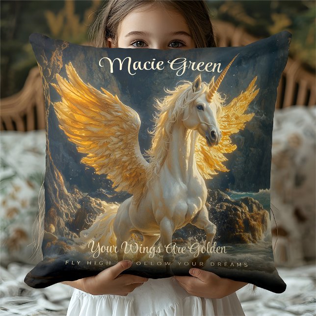Mythical Golden Winged Pegasus Ocean Fantasy Horse Throw Pillow (Creator Uploaded)