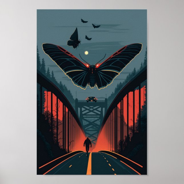 Mythical Mothman and Silver Bridge Woodcut Print (Front)