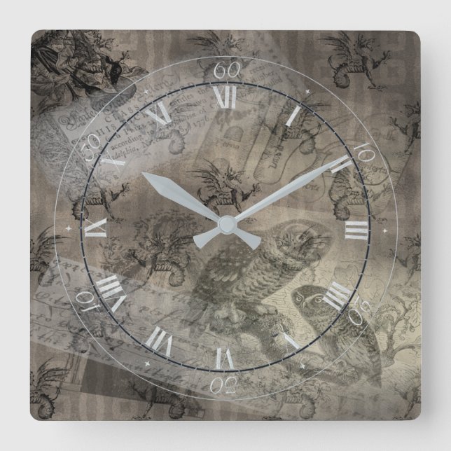 Mythical Owl Halloween Ephemera Paper Pattern  Square Wall Clock (Front)