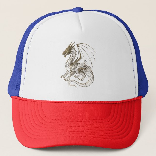 Mythical Silver Dragon Vintage Fantasy Graphic  Trucker Hat (Front)