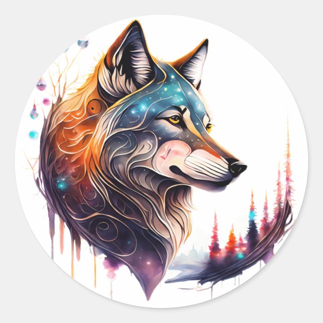 Mythical Spiritual Animal Wolf Sticker, Magical Classic Round Sticker (Front)