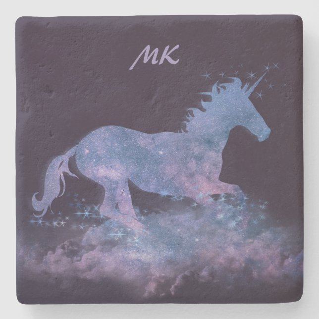 Mythical Unicorn Fantasy Purple Monogrammed Stone Coaster (Front)