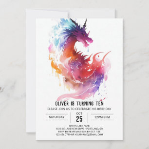 Mythical Watercolor Kids Dragon Birthday Invitation