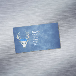 Mythical White Deer Head Wearing Roses on Blues Magnetic Business Card