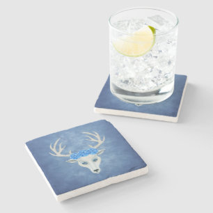 Mythical White Head of Deer Antlers Roses on Blue Stone Coaster
