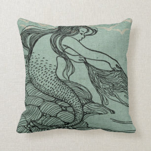 Mythical Young Mermaid Aqua Blue Sea Shore Scene Throw Pillow