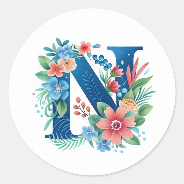 N blue monogram with flowers classic round sticker (Front)