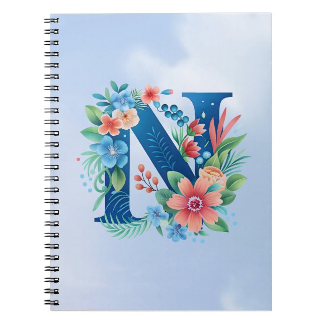 N blue monogram with flowers notebook (Front)