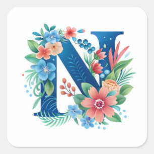 N blue monogram with flowers square sticker