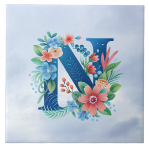 N blue monogram with flowers tile