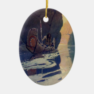 N. C. Wyeth Indian Canoe Paddling Illustration Art Ceramic Ornament