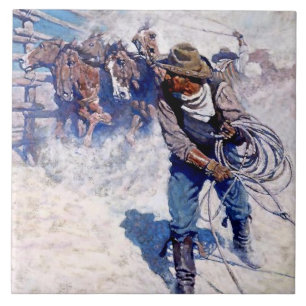 N C Wyeth Western Painting “Roping Wild Horses” Tile