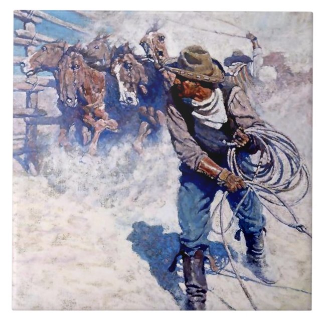 N C Wyeth Western Painting “Roping Wild Horses” Tile (Front)