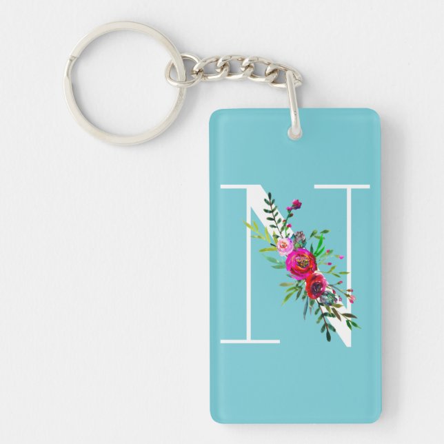N Letter Initial Monogram Floral Custom Colour Keychain (Front)