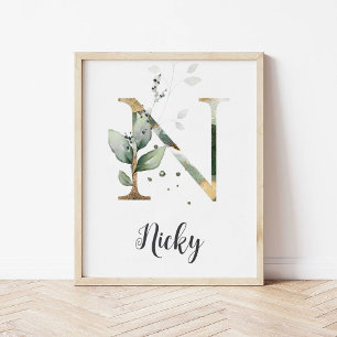 N Letter Monogram Greenery Nursery Name Wall Print