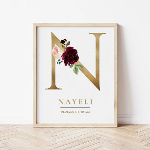 N Letter Monogram Name Marsala Floral Nursery Poster