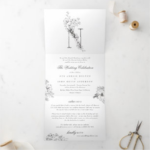 'N' Monogram Beautiful Sketched Floral Wedding Tri-Fold Invitation