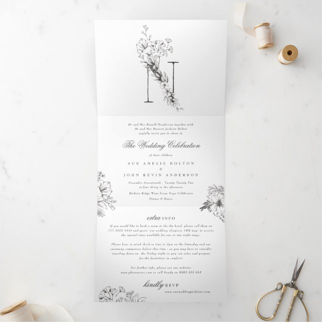 'N' Monogram Beautiful Sketched Floral Wedding Tri-Fold Invitation (Inside)