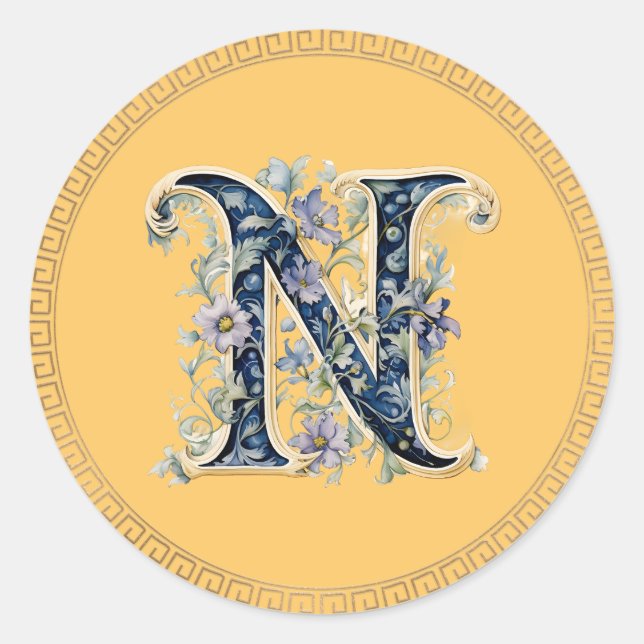 N monogram blue-gold flower classic round sticker (Front)