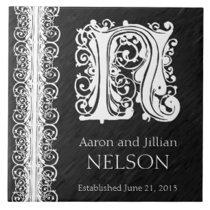 N Monogram "White Lace on Black" Wedding  Tile