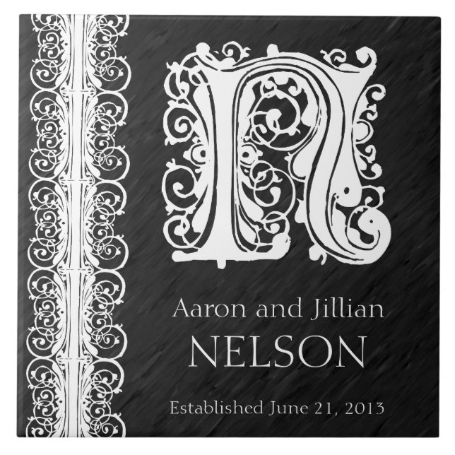 N Monogram "White Lace on Black" Wedding  Tile (Front)