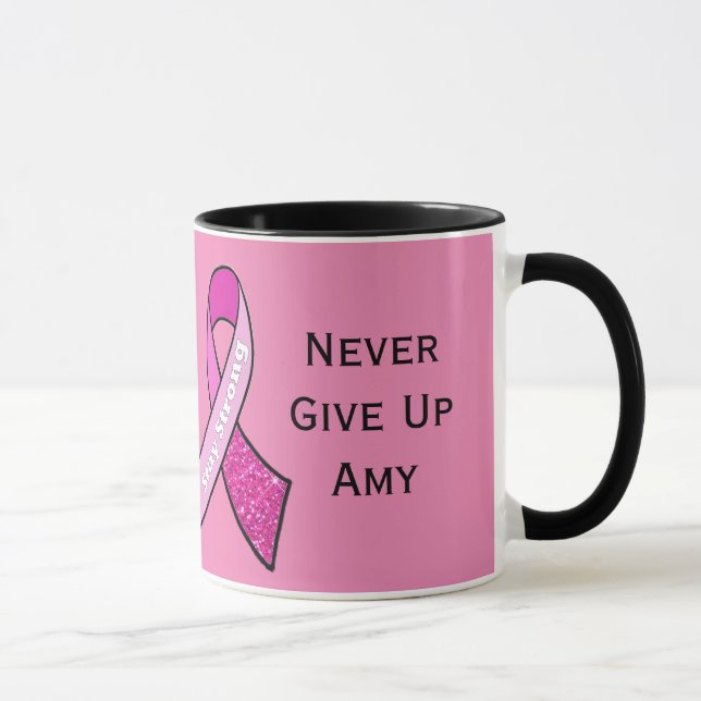 "N'abandonnez jamais" Cancer du sein Mug personnal (Droite)