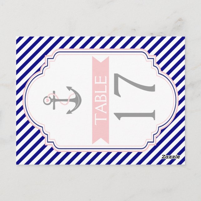 Naby bleu, rose mariage nautique numéro de table (Dos)