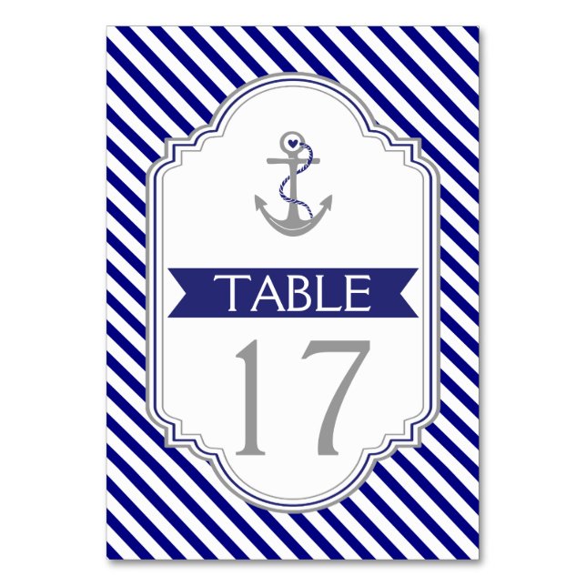 Naby blue anchor nautical wedding table number (Front)