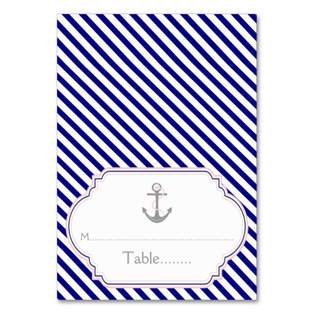 Naby blue, pink nautical wedding escort card (Front)
