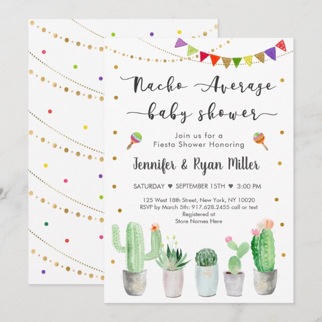 Nacho Average Baby Shower Gold Fiesta Cactus Invitation (Front/Back)