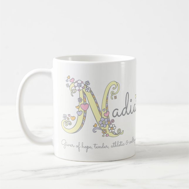 Nadia name meaning decorative N monogram mug (Left)