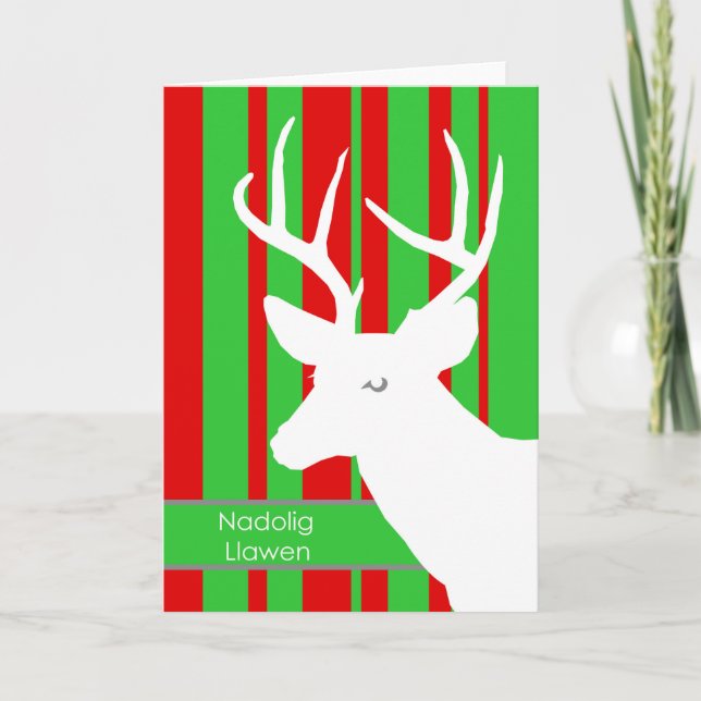 Nadolig Llawen, Christmas in Welsh, White Deer Holiday Card (Front)