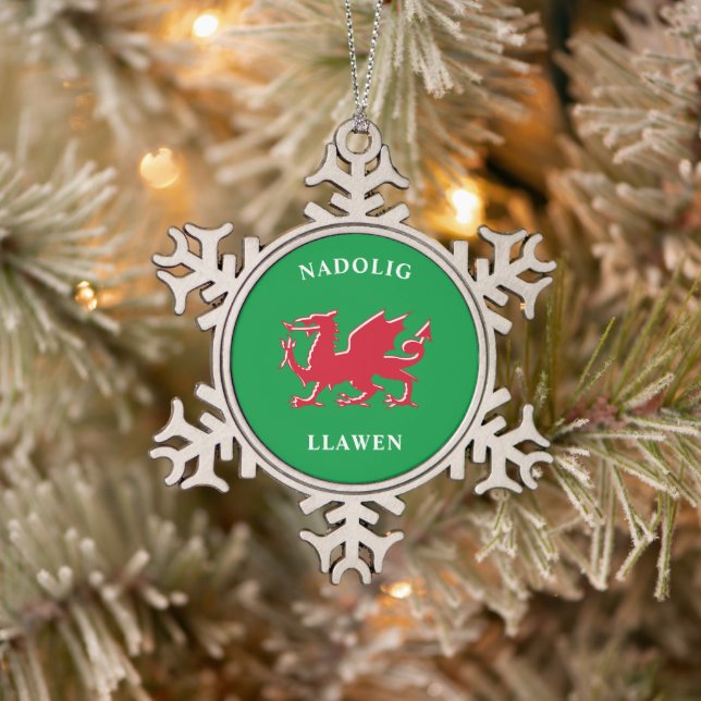 Nadolig Llawen Welsh Simple Celtic Merry Christmas Snowflake Pewter Christmas Ornament (Tree)