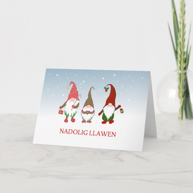Nadolig Llawen Welsh Three Fun Gnomes in Snow Holiday Card (Front)