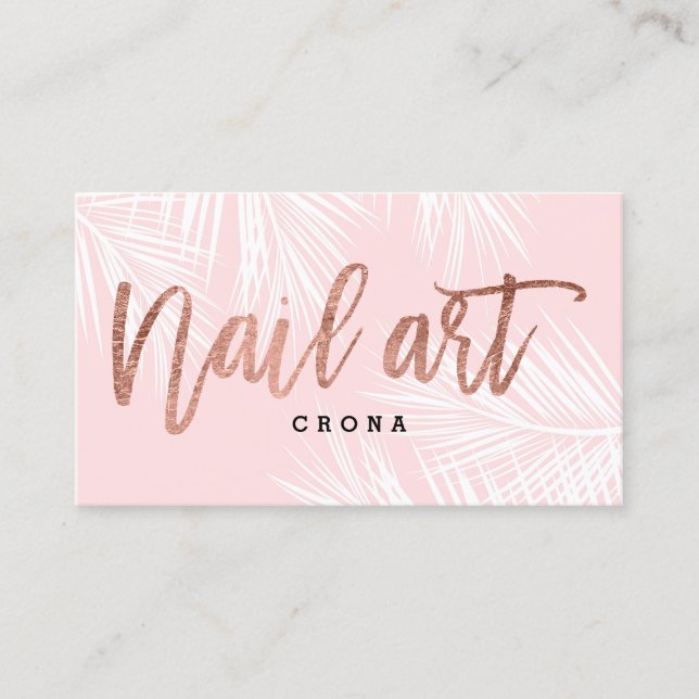 Nail art rose gold script pink palm tree business card (Front)