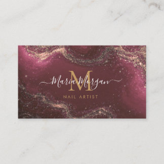 Nail Artist Burgundy Agate Gold Monogram Business Card