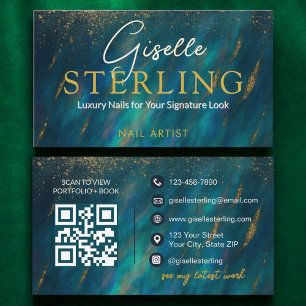 Nail Artist Dark Green Opal Stone QR Code Business Card