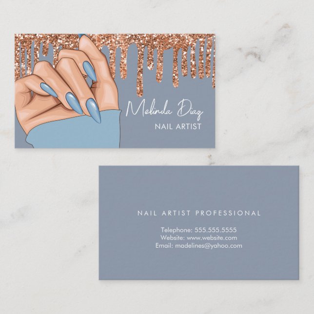 Nail Artist Designer Salon Faux Glitter Dusty Blue Business Card (Front/Back)