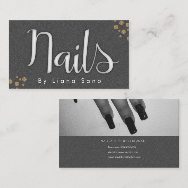 Nail Artist Glow Script and Photo Salon Grey Gold Business Card (Front/Back)
