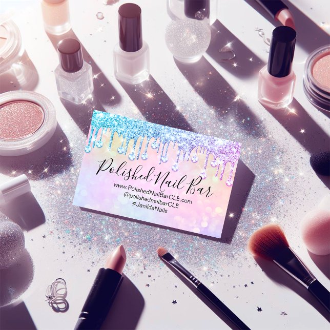 Nail Artist Makeup  Pink Holograph Diamond  Drip Business Card (Nail Artist Makeup Pink Holograph Diamond Drip Business Card)