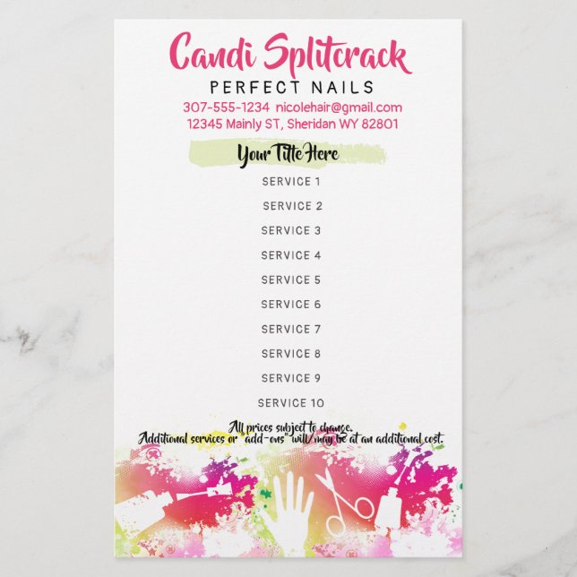 Nail artist manicure pedicure salon price list flyer (Front)