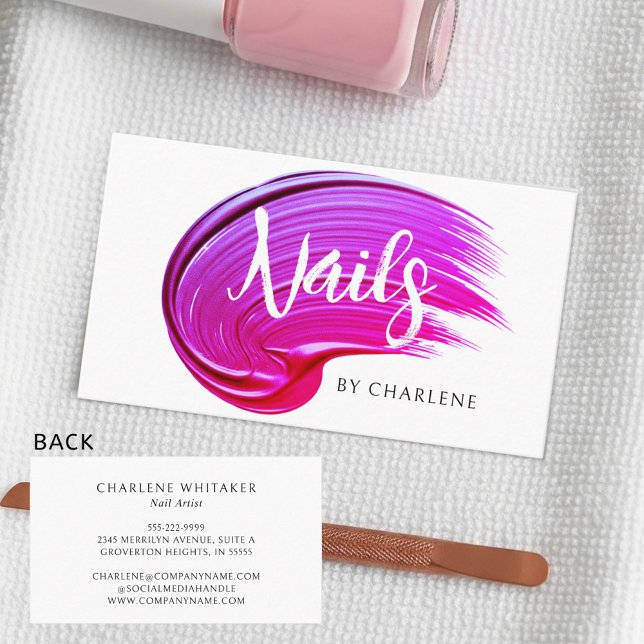 Nail Artist Modern Handwritten Script Pink Polish Business Card (Creator Uploaded)