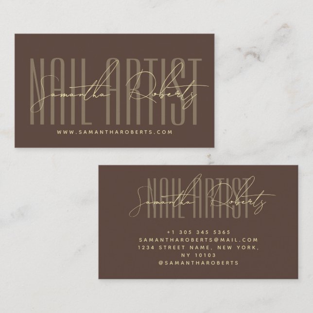 Nail artist modern typography script brown business card (Front/Back)
