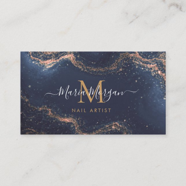 Nail Artist Navy Blue Agate Gold Monogram Business Card (Front)