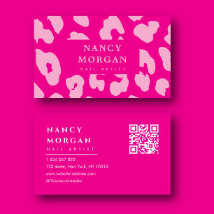 Nail Artist Red Pink Leopard Print Qr Code Business Card