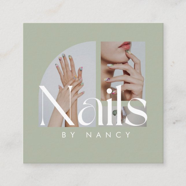 Nail Artist Sage Green Photo Collage Social Media  Square Business Card (Front)