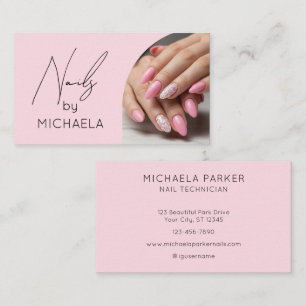 Nail Artist Salon Pink Script Typography Photo Business Card