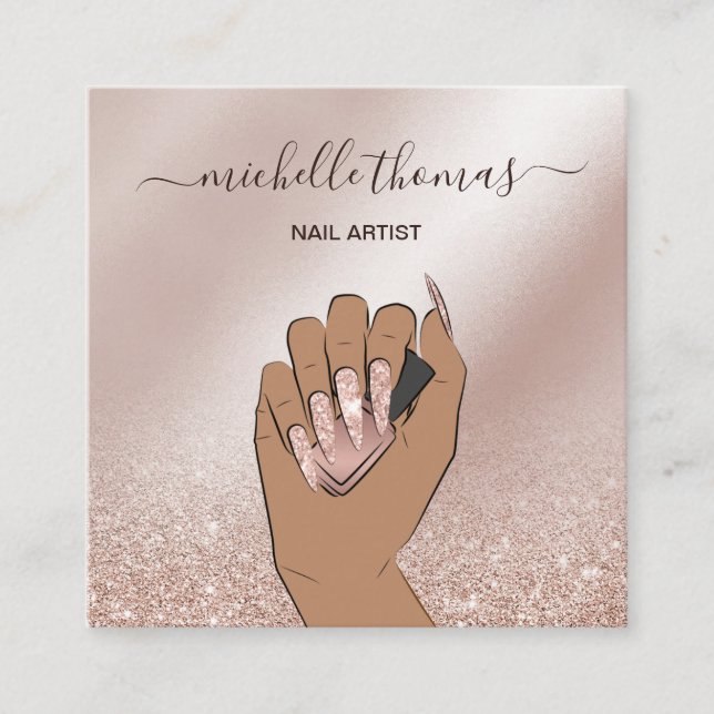 NAIL artist signature rose gold NAIL TECHNICIAN Square Business Card (Front)