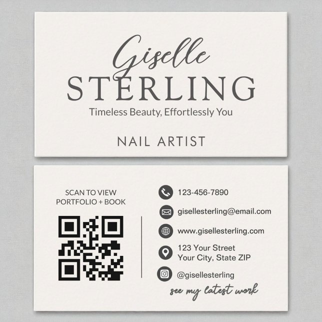 Nail Artist White Script Modern QR Code Business Card (Creator Uploaded)