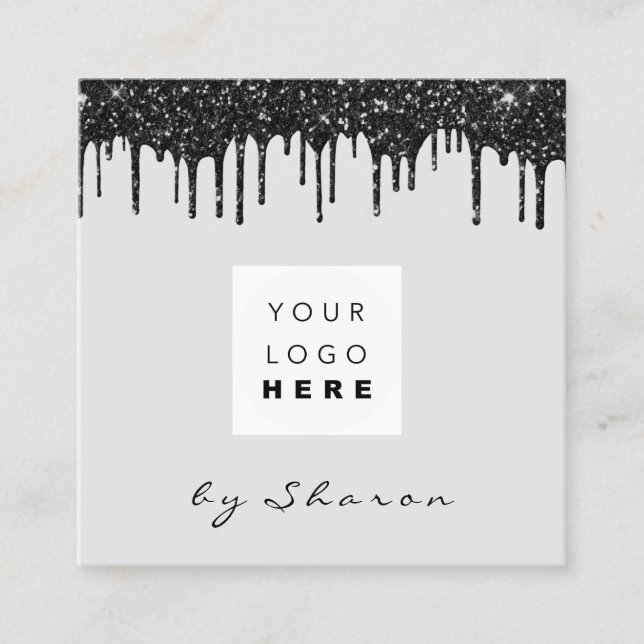Nail Lashes  Black Drips 6 Punches Logo Grey Square Business Card (Front)